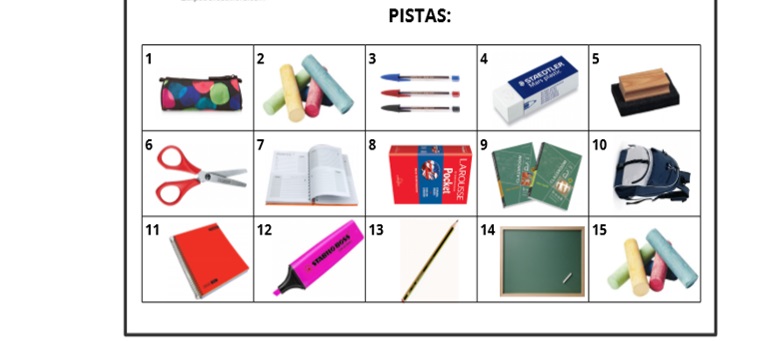 Pistas: genummerde plaatjes van schoolspullen